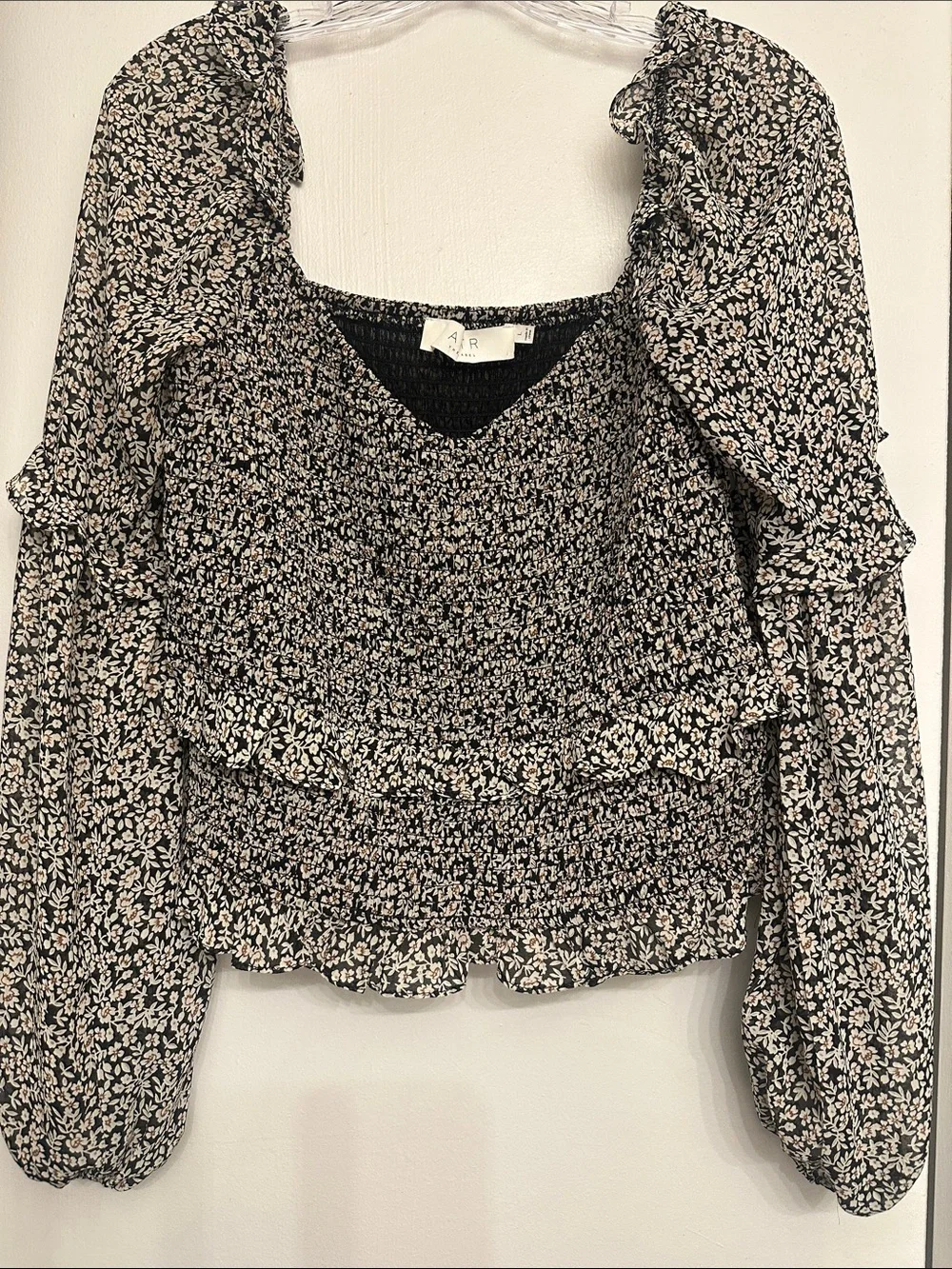 Astr Smocked Floral V-Neck Blouse - Black & Cream